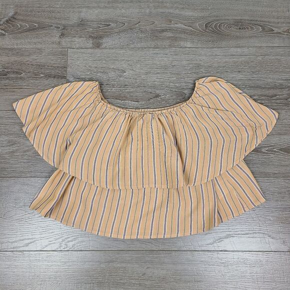 Urban Outfitters Kimchi Blue Tan Stripe Off The Shoulder Ruffle Top Small - Picture 12 of 16